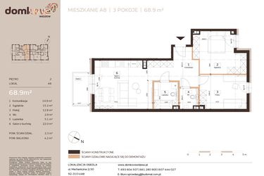 Rzut - Mieszkanie na sprzedaż 3 pokoje o powierzchni 68,9 m² - numer A8 w Domkove Widzew