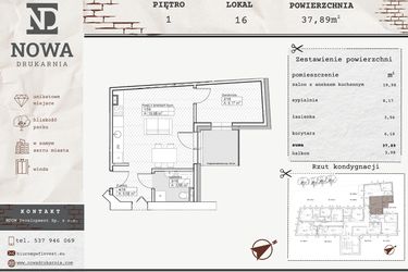 Rzut - Mieszkanie na sprzedaż 2 pokoje o powierzchni 37,89 m² - numer M16 w Nowa Drukarnia