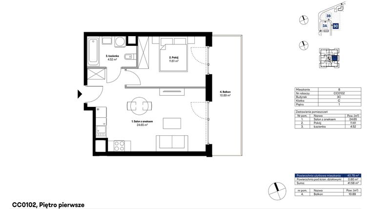 Rzut - Mieszkanie na sprzedaż 2 pokoje o powierzchni 40,78 m² - numer CC0102 w NU3 Warszawa Wola