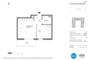 Rzut - Mieszkanie na sprzedaż 2 pokoje o powierzchni 43,01 m² - numer I.2.2 w Łopuszańska 47 - etap 3