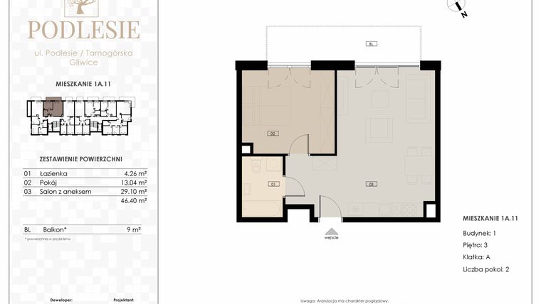 Rzut - Mieszkanie na sprzedaż 2 pokoje o powierzchni 46,4 m² - numer 1A.11 w Podlesie