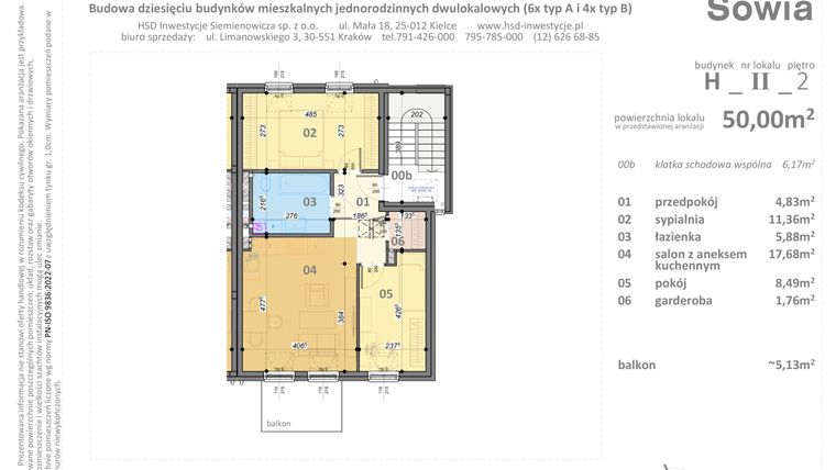 Rzut - Mieszkanie na sprzedaż 3 pokoje o powierzchni 50 m² - numer H2 w Sowia