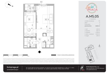 Rzut - Mieszkanie na sprzedaż 2 pokoje o powierzchni 45,63 m² - numer A.M5.05 w Livin' Praga