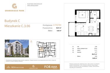 Rzut - Mieszkanie na sprzedaż 2 pokoje o powierzchni 39,41 m² - numer C.3.06 w Grabskiego Park