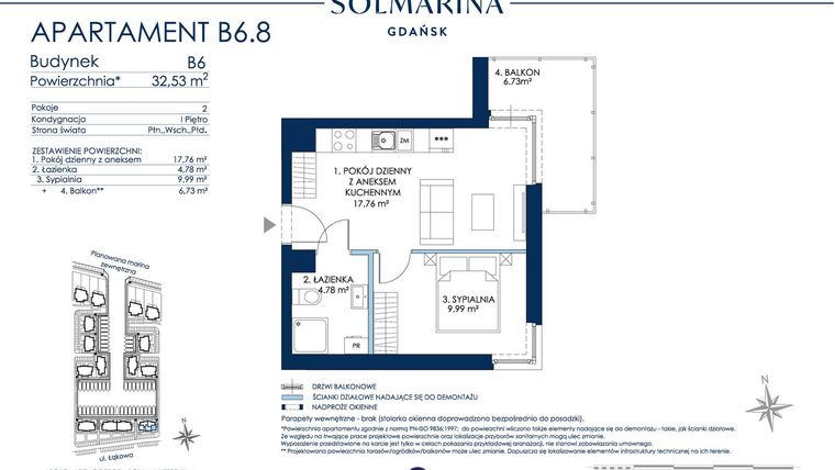 Rzut - Mieszkanie na sprzedaż 2 pokoje o powierzchni 32,53 m² - numer B6.8 w Sol Marina B
