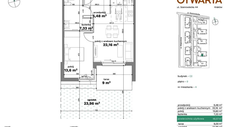 Rzut - Mieszkanie na sprzedaż 2 pokoje o powierzchni 48,57 m² - numer C2-4 w Forma Otwarta etap C