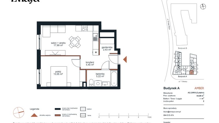 Rzut - Mieszkanie na sprzedaż 2 pokoje o powierzchni 44,09 m² - numer A2.2.M10 w EMaya