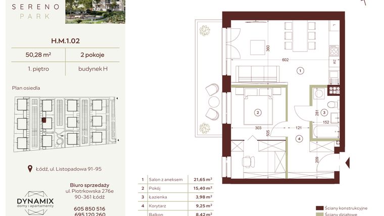 Rzut - Mieszkanie na sprzedaż 2 pokoje o powierzchni 50,28 m² - numer H.M.1.02 w Sereno Park