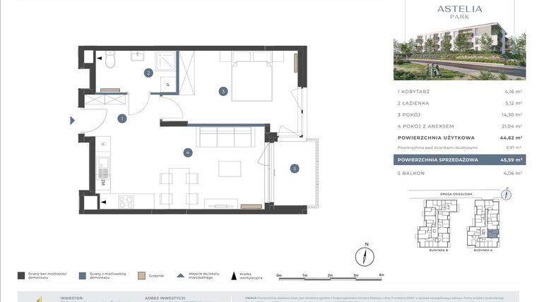 Rzut - Mieszkanie na sprzedaż 2 pokoje o powierzchni 44,62 m² - numer 3.1A.24 w Astelia Park etap 1A i 3
