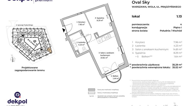Rzut - Mieszkanie na sprzedaż 1 pokój o powierzchni 35,29 m² - numer 1.13 w OVAL SKY