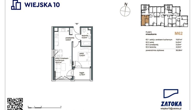 Rzut - Mieszkanie na sprzedaż 2 pokoje o powierzchni 36,08 m² - numer M62 w Wiejska 10