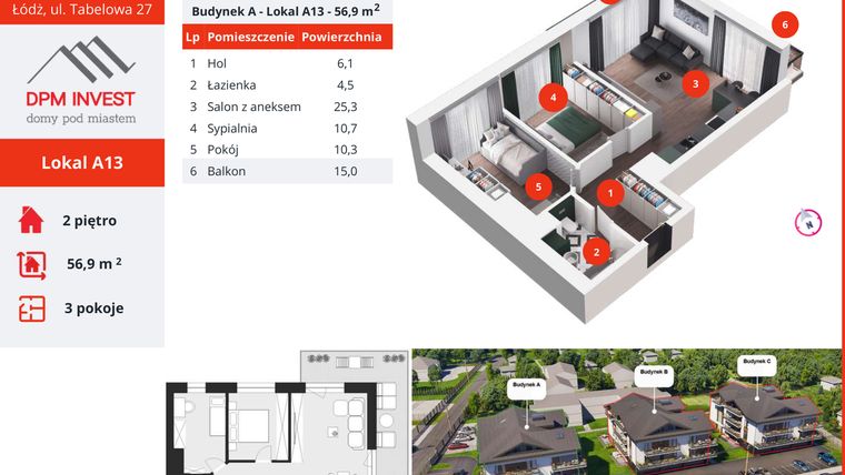 Rzut - Mieszkanie na sprzedaż 3 pokoje o powierzchni 56,9 m² - numer A13 w Apartamenty Tabelowa