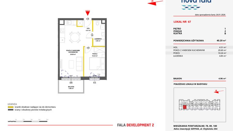 Rzut - Mieszkanie na sprzedaż 2 pokoje o powierzchni 41,51 m² - numer 67 w Miasteczko Nova Fala