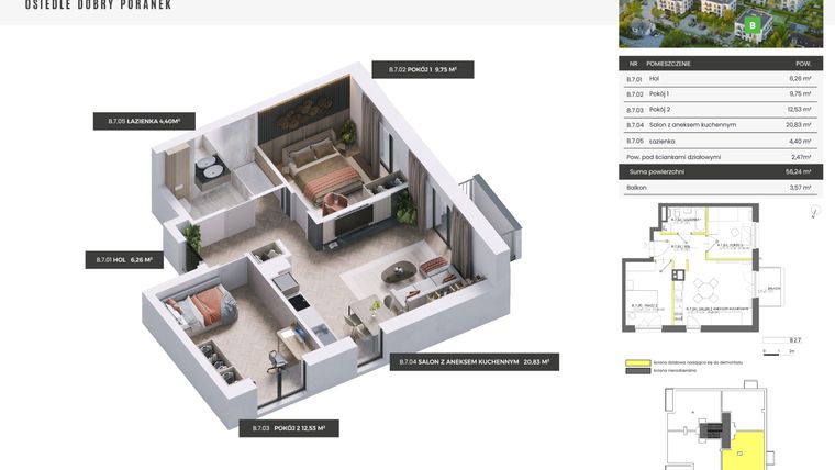 Rzut - Mieszkanie na sprzedaż 3 pokoje o powierzchni 56,24 m² - numer B.2.7 w Dobry Poranek