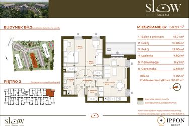Rzut - Mieszkanie na sprzedaż 3 pokoje o powierzchni 56,21 m² - numer B4.2.37 w Osiedle SLOW