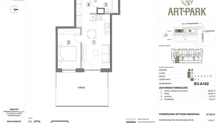 Rzut - Mieszkanie na sprzedaż 2 pokoje o powierzchni 38,47 m² - numer B.3.A102 w ArtPark