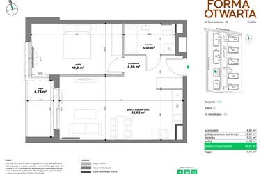 Rzut - Mieszkanie na sprzedaż 2 pokoje o powierzchni 48,39 m² - numer B1-13 w Forma Otwarta etap II