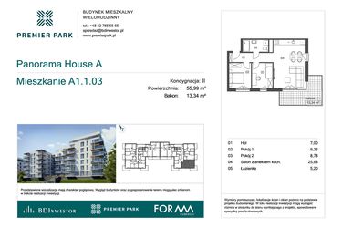 Rzut - Mieszkanie na sprzedaż 3 pokoje o powierzchni 55,99 m² - numer A1.1.03 w Premier Park II