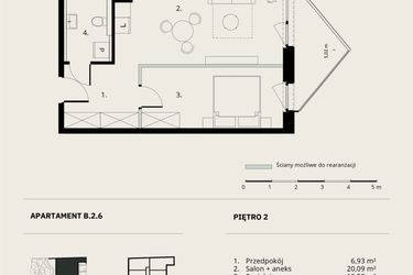 Rzut - Mieszkanie na sprzedaż 2 pokoje o powierzchni 45,26 m² - numer B/2/6 w Ogrodowa 12