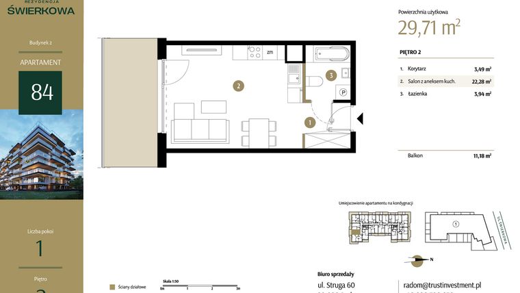Rzut - Mieszkanie na sprzedaż 1 pokój o powierzchni 29,71 m² - numer M.84 w Rezydencja Świerkowa - etap II