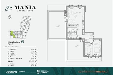 Rzut - Mieszkanie na sprzedaż 3 pokoje o powierzchni 83,22 m² - numer 6 w MANIA Apartamenty