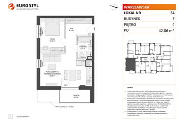 Rzut - Mieszkanie na sprzedaż 2 pokoje o powierzchni 42,86 m² - numer F.34 w Osiedle Warszawska