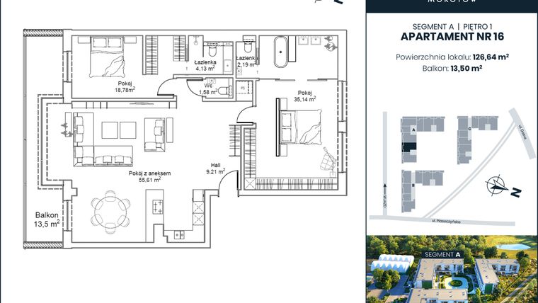Rzut - Mieszkanie na sprzedaż 3 pokoje o powierzchni 126,2 m² - numer A16 w Oaza Mokotów