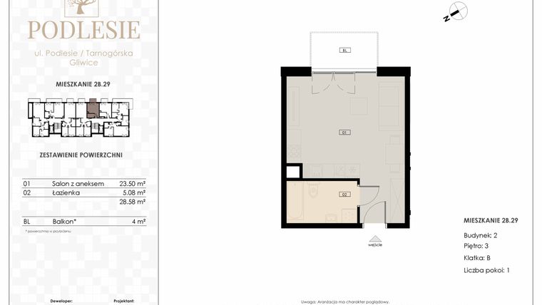 Rzut - Mieszkanie na sprzedaż 1 pokój o powierzchni 28,58 m² - numer 2B.29 w Podlesie