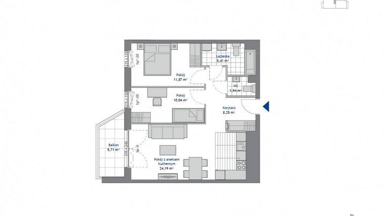 Rzut - Mieszkanie na sprzedaż 3 pokoje o powierzchni 61,7 m² - numer 3.2 w SEAHall