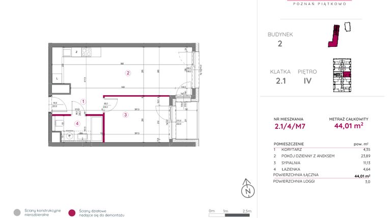 Rzut - Mieszkanie na sprzedaż 2 pokoje o powierzchni 44,01 m² - numer 2.1/4/M7 w Lechicka 65