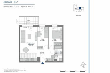 Rzut - Mieszkanie na sprzedaż 3 pokoje o powierzchni 58,27 m² - numer A.1.7 w Linea bud. A