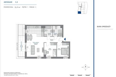 Rzut - Mieszkanie na sprzedaż 3 pokoje o powierzchni 75,77 m² - numer 1.3 w SEAHall