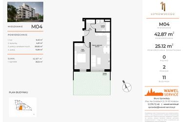 Rzut - Mieszkanie na sprzedaż 2 pokoje o powierzchni 42,87 m² - numer M04 w Łepkowskiego 11