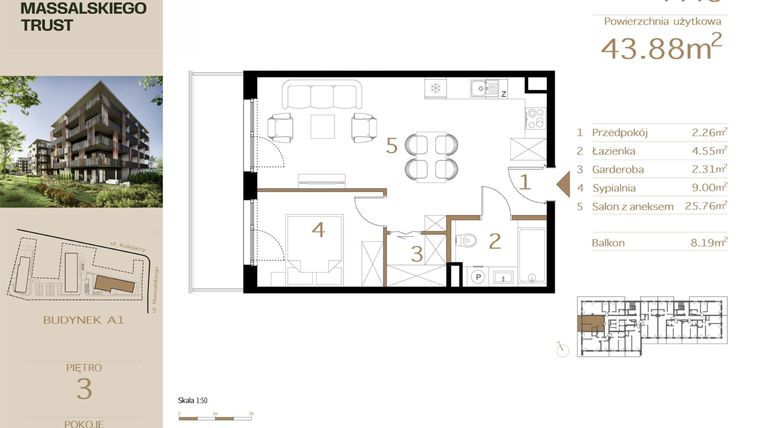 Rzut - Mieszkanie na sprzedaż 2 pokoje o powierzchni 43,88 m² - numer M45 w Massalskiego Trust