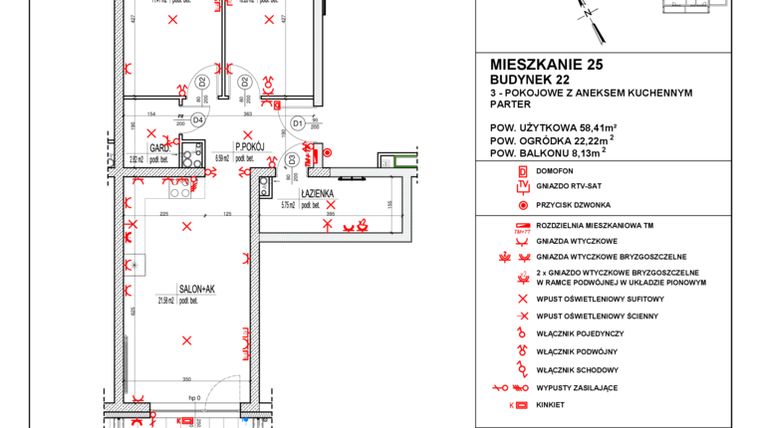 Rzut - Mieszkanie na sprzedaż 3 pokoje o powierzchni 58,41 m² - numer 22_25 w Osiedle 4 Pory Roku - Etap VIII