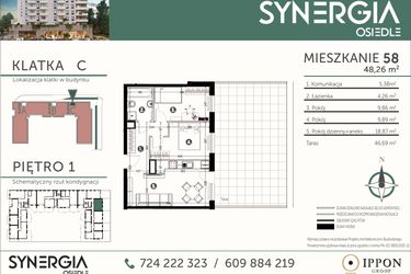Rzut - Mieszkanie na sprzedaż 3 pokoje o powierzchni 48,26 m² - numer M58 w SYNERGIA