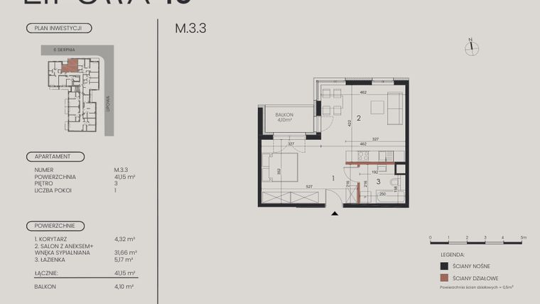 Rzut - Mieszkanie na sprzedaż 1 pokój o powierzchni 41,15 m² - numer M.3.3 w Lipowa 43
