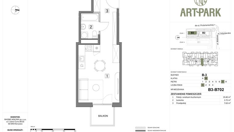 Rzut - Mieszkanie na sprzedaż 1 pokój o powierzchni 30,75 m² - numer B.3.B702 w Inhome Osiedle ArtPark etap I