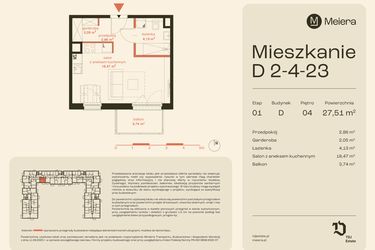Rzut - Mieszkanie na sprzedaż 1 pokój o powierzchni 27,51 m² - numer D2-4-23 w Osiedle Meiera