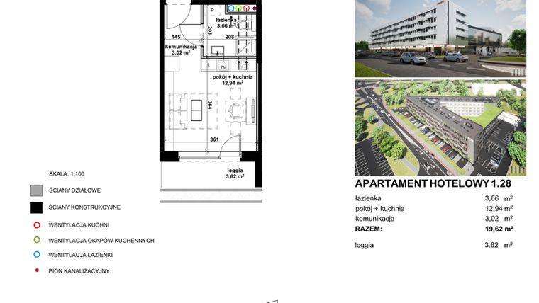 Rzut - Mieszkanie na sprzedaż 1 pokój o powierzchni 19,63 m² - numer 1.28 w Apartamentowiec Zwycięska 3 - inwestycyjne