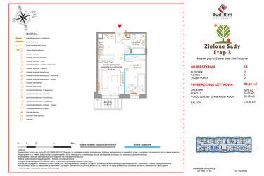 Rzut - Mieszkanie na sprzedaż 2 pokoje o powierzchni 34,4 m² - numer 15 w Zielone Sady etap III B2