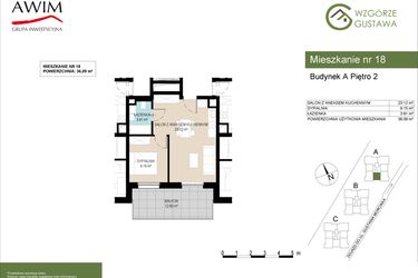 Rzut - Mieszkanie na sprzedaż 2 pokoje o powierzchni 36,09 m² - numer A18 w Wzgórze Gustawa