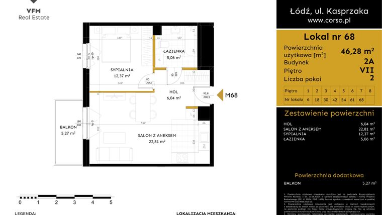 Rzut - Mieszkanie na sprzedaż 2 pokoje o powierzchni 46,28 m² - numer 2A.68 w Corso etap 2