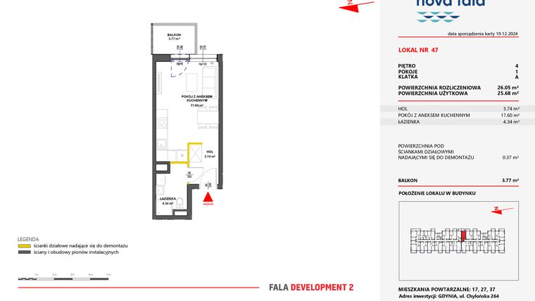 Rzut - Mieszkanie na sprzedaż 1 pokój o powierzchni 26,05 m² - numer 47 w Miasteczko Nova Fala