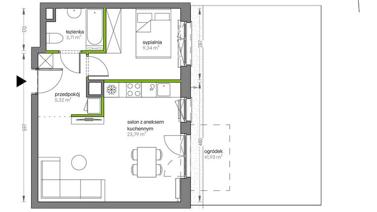 Rzut - Mieszkanie na sprzedaż 2 pokoje o powierzchni 42,16 m² - numer F.003 w City Vibe