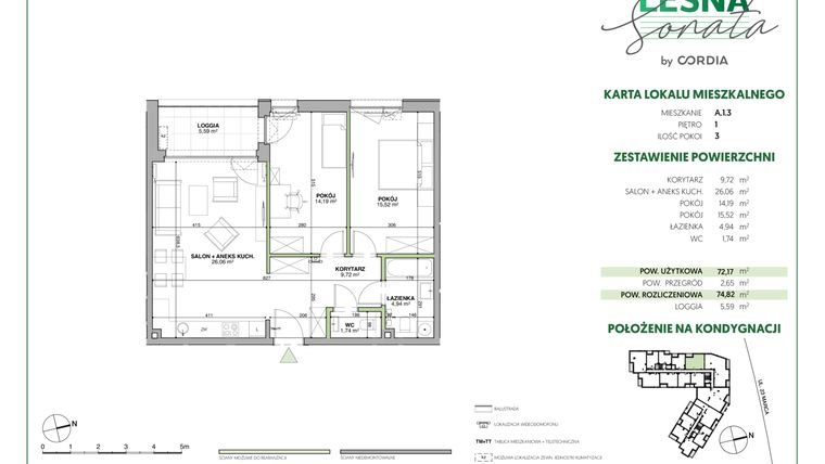 Rzut - Mieszkanie na sprzedaż 3 pokoje o powierzchni 74,89 m² - numer A.1.3 w Leśna Sonata