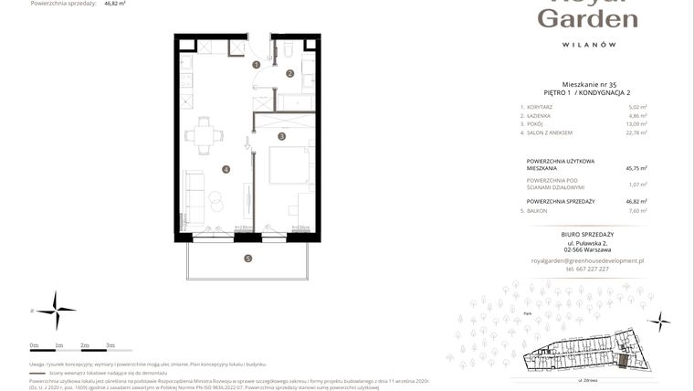 Rzut - Mieszkanie na sprzedaż 2 pokoje o powierzchni 45,75 m² - numer M.35 w Royal Garden Wilanów