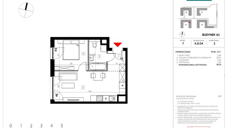 Rzut - Mieszkanie na sprzedaż 2 pokoje o powierzchni 38,31 m² - numer K.8.04 w CityFlow etap II