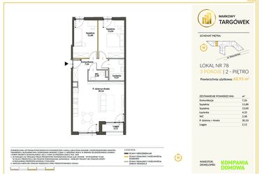 Rzut - Mieszkanie na sprzedaż 3 pokoje o powierzchni 69,09 m² - numer 78 w Markowy Targówek