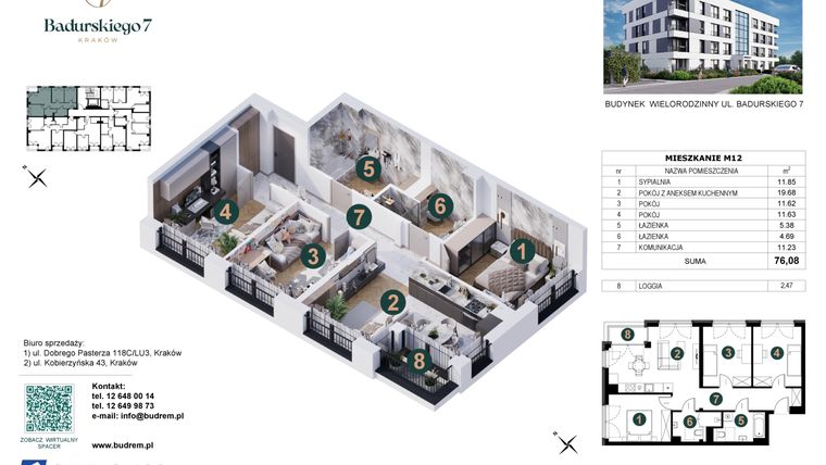 Rzut - Mieszkanie na sprzedaż 4 pokoje o powierzchni 76,08 m² - numer 12 w Badurskiego 7